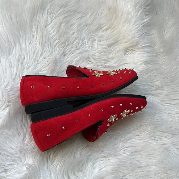 Red Suede Gold Bees Spike Studs Punk Rock Mens Loafers Flats Size 10 - Picture 4 of 8